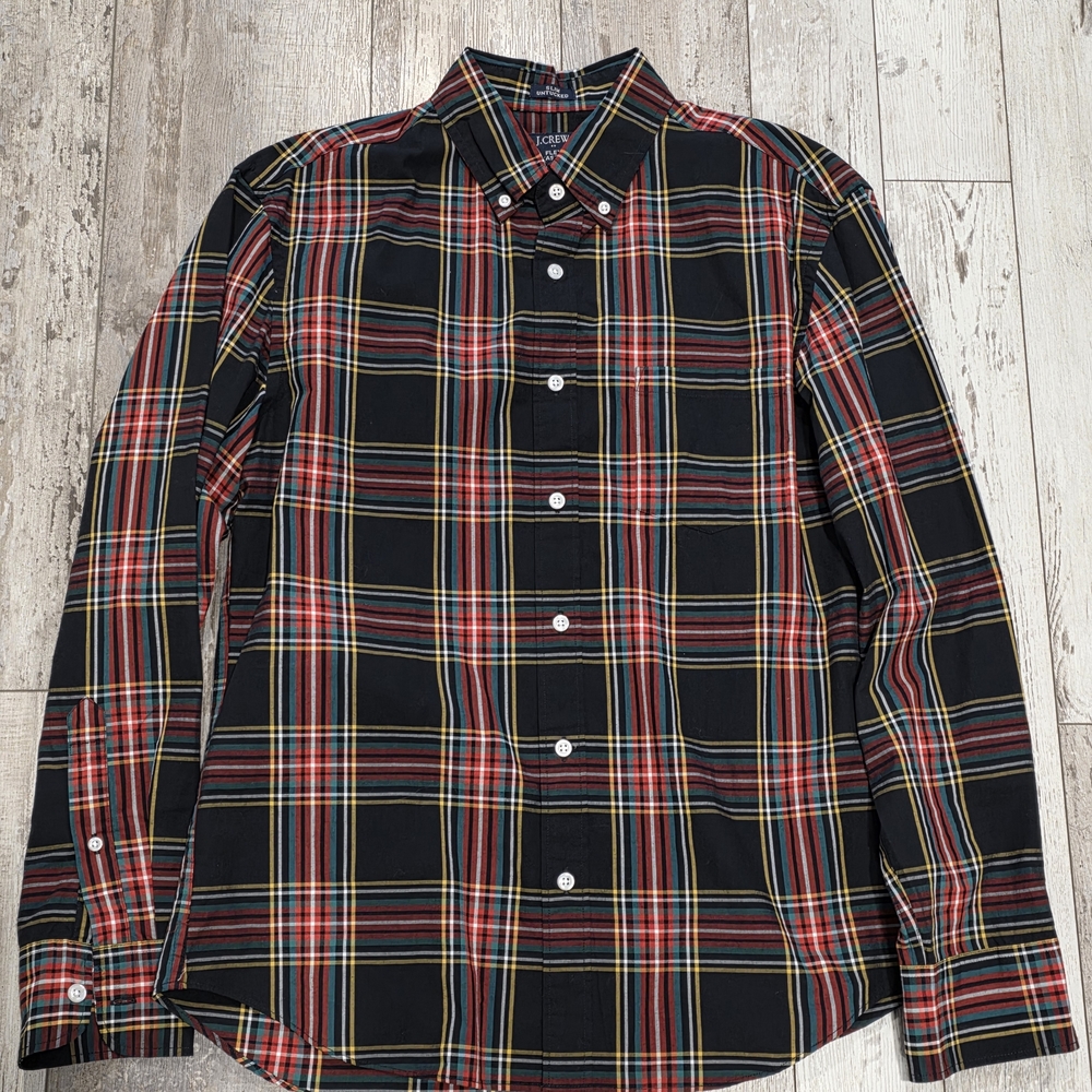 (M) Men's J. Crew Button Down Black Plaid Multi-color Cotton Slim Untuck Medium